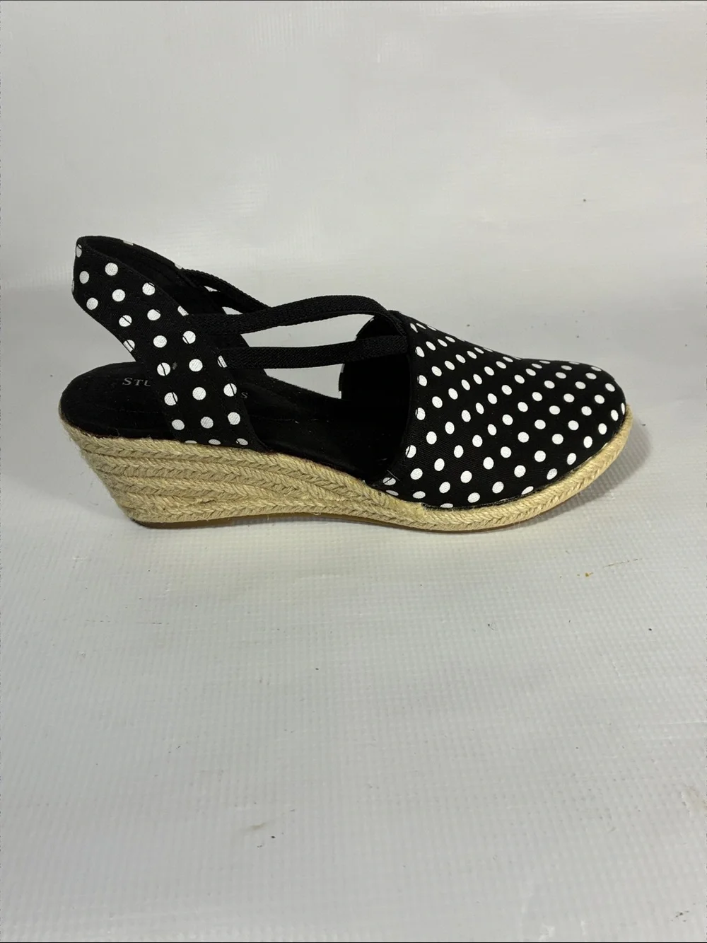 Studio Works Black and White Polka Dot Espadrille Wedge Slingbacks